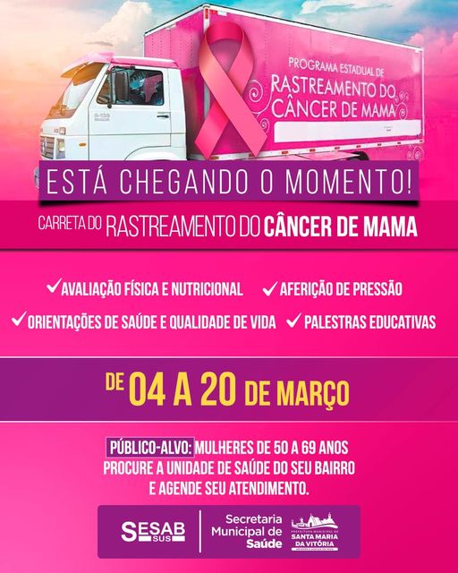Carreta de Rastreamento de Câncer de Mama estará em Santa Maria da Vitória, com cerca de 2.100 atendimentos de Mamografia