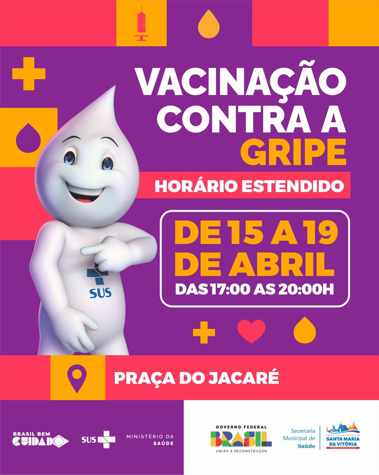 Teremos horários estendidos de vacinação contra a gripe de 15 a 19 de abril, das 17h00 às 20h00 na Praça do Jacaré