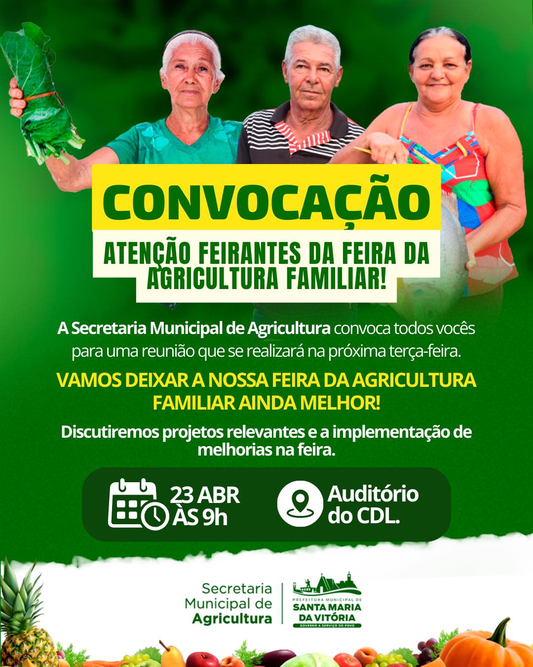 A Secretaria Municipal de Agricultura convoca todos os feirantes da Feira de Agricultura Familiar para uma reunião que se realizará na próxima terça-feira.