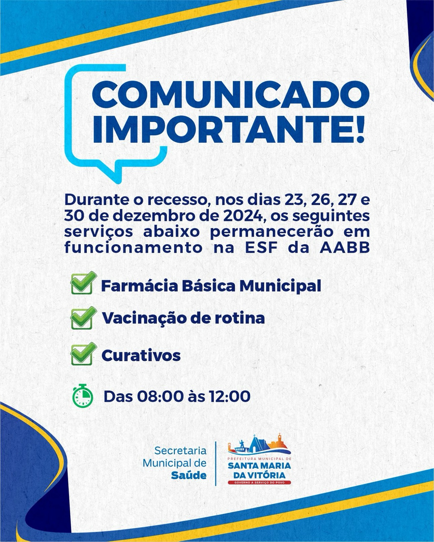 Durante o recesso, nos dias 23, 26, 27 e 30 de dezembro de 2024, os serviços essenciais da ESF da AABB estarão funcionando normalmente.