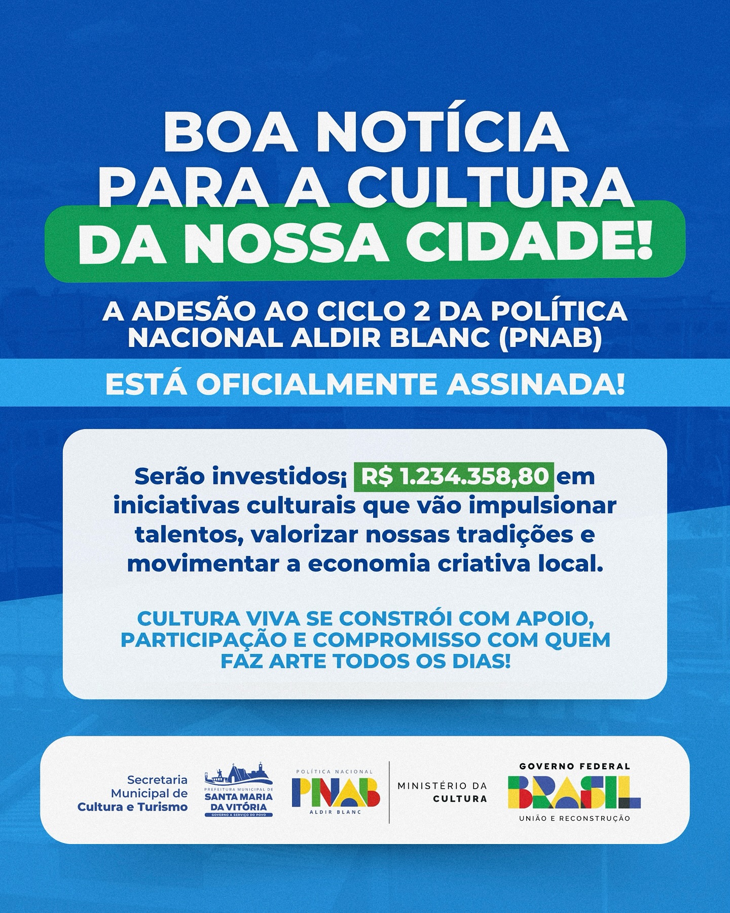 Nossa cidade teve a adesão confirmada ao Ciclo 2 da Política Nacional Aldir Blanc (PNAB)!