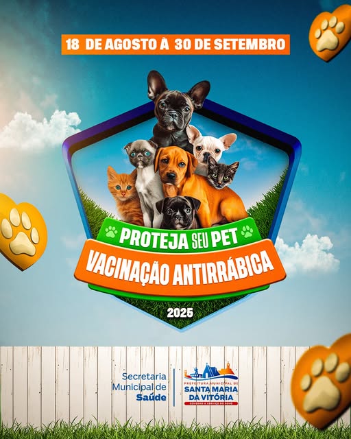 De 18 de agosto a 30 de setembro, a Campanha de Vacinação Antirrábica estará ativa em Santa Maria da Vitória.